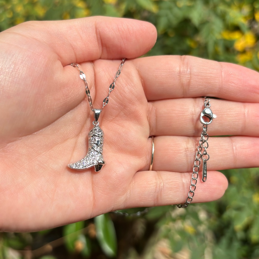 18K White Gold Plated Stainless Steel Diamond Boot Necklace